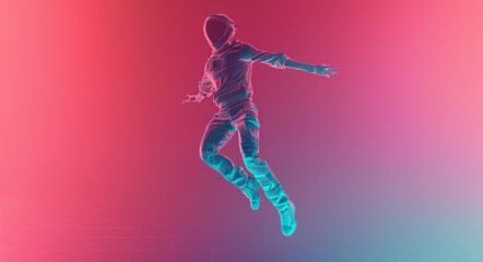 Obraz premium On a gradient purple and red background, a robot wireframe leaps
