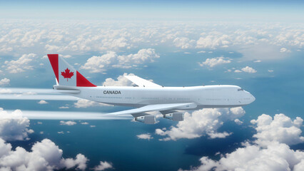 Commercial Airliner Passanger Plane Jumbo Jet Flying over Clouds with Country Flag Canada