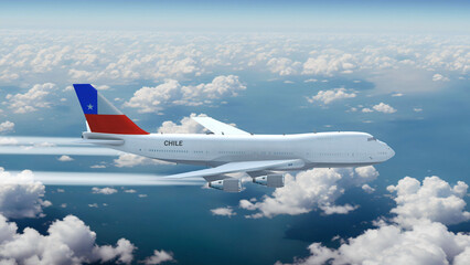 Commercial Airliner Passanger Plane Jumbo Jet Flying over Clouds with Country Flag Chile