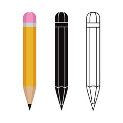 Seth pencil. Colored pencil icon, black pencil outline, black pencil silhouette. Vector illustration isolated on a white background for design and web.