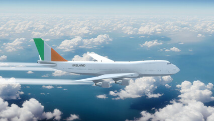 Commercial Airliner Passanger Plane Jumbo Jet Flying over Clouds with Country Flag Ireland