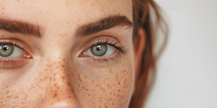 Closeup of womans freckled face ideal for beauty or natural makeup. Concept Freckled Face, Natural Makeup, Beauty Portrait