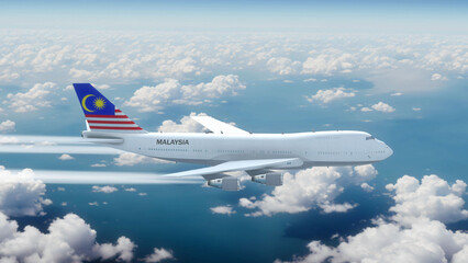 Commercial Airliner Passanger Plane Jumbo Jet Flying over Clouds with Country Flag Malaysia