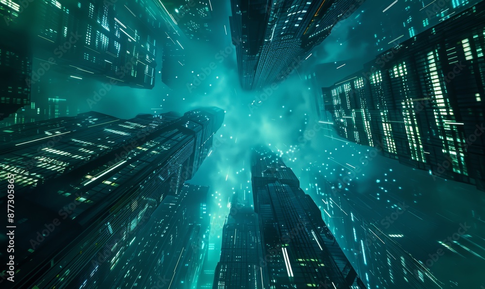 Aufkleber for business technology product background, 3d rendering of skyscraper building in a mega sci-fi cit