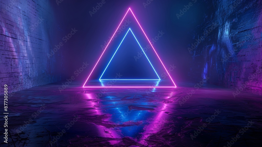 Poster a sci-fi tunnel illuminated with modern neon triangles. an endless flight forward to the stars and t
