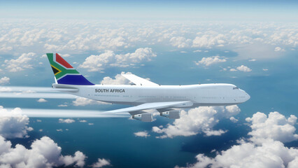 Fototapeta premium Commercial Airliner Passanger Plane Jumbo Jet Flying over Clouds with Country Flag South Africa