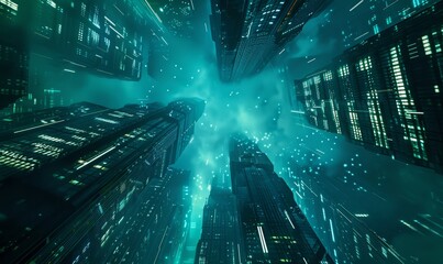 For business technology product background, 3D rendering of skyscraper building in a mega sci-fi city. Foggy and misty environment. View from the bottom up.
