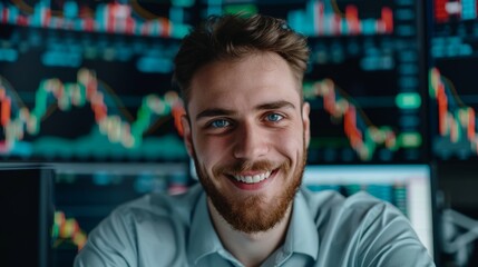 Obraz premium Happy stock trader man, looking at the camera, full body, cinematic photography, realistic, focus cover all object, deep dept of field
