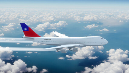 Commercial Airliner Passanger Plane Jumbo Jet Flying over Clouds with Country Flag Taiwan