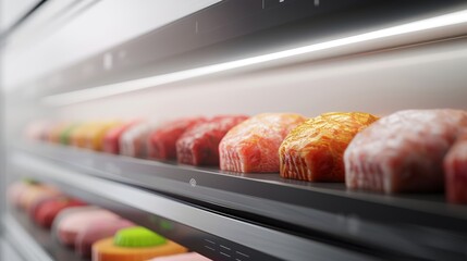 High-tech kitchen with a digital display of colorful 3D printed meat cutlets, cinematic shot, advanced culinary technology, focus cover all object, deep dept of field