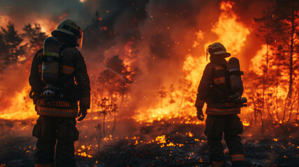 Naklejka premium Action image of Firefighters standing forest fire.generative ai