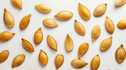 Obraz premium Evenly spread pumpkin seeds across a white background