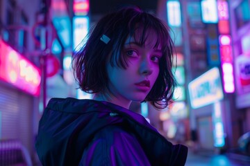 Obraz premium In a neon-lit cyberpunk city with an Asian Tokyo style, a woman with short hair.