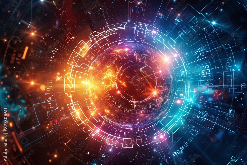Poster an abstract sci-fi background with lens flares portrays space or time travel over bright lights in a