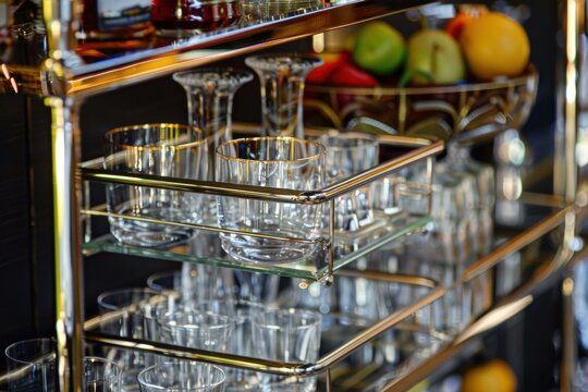 Elegant gold bar cart holding glassware and bottles, ready for a bartender to start mixing