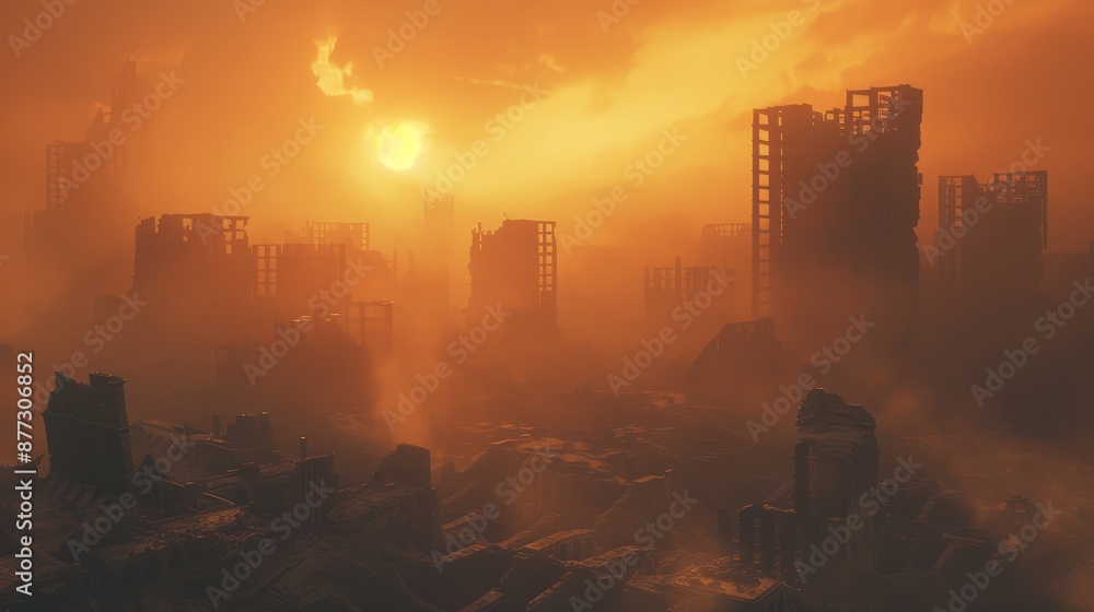 Poster rendering of a futuristic architecture scene in sunset colors. 3d model.