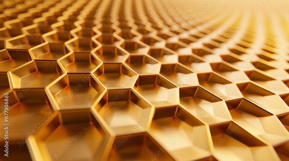 Poster a polygonal mosaic surface with a randomly placed golden hexagon. the background is an abstract geom
