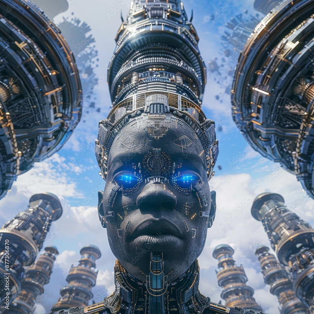 Poster an illustration of a computer-based female robot in gold growing from a computer core, reloaded as a