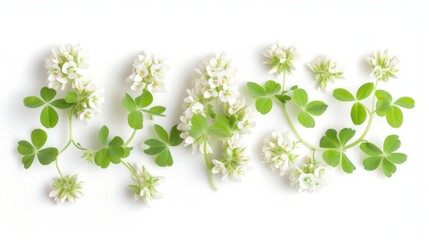 Spread a few clover flowers evenly on a white background