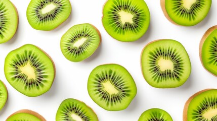 Kiwi fruit and slices arranged on a white background