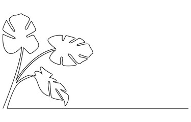 Monstera leaf line art. Tropical leaves continuous line draw design isolated on white background. Botanical nature concept, Monstera leaf one continuous line art. Nature plant minimalism design hand 