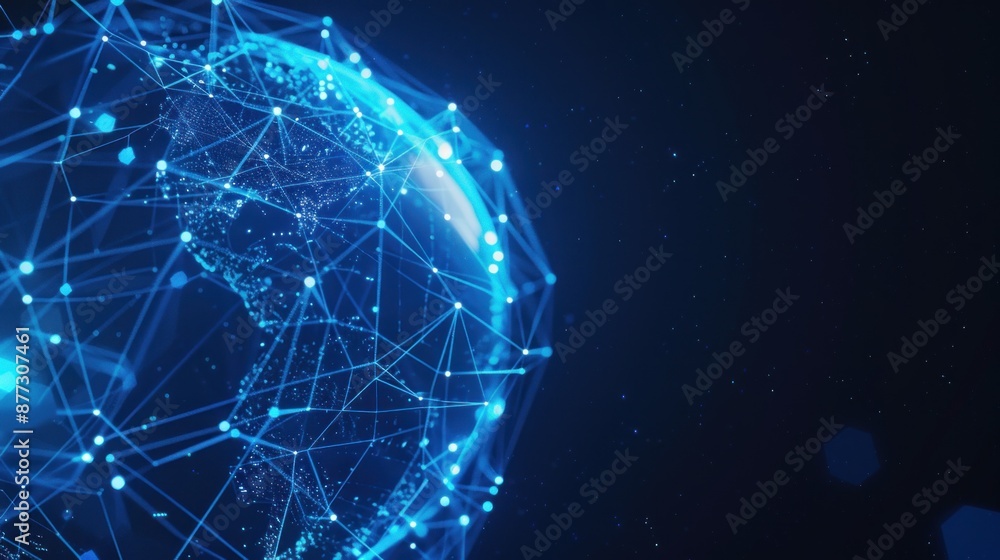 Poster futuristic globe with abstract connected lines and blue neon color on dark background