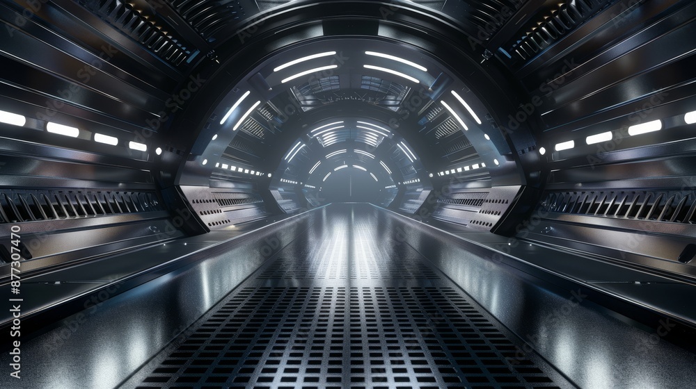Poster 3D rendering image. Abstract glowing lines. Technology futuristic background. Sci-fi neon lines in a dark tunnel. Reflections on the floor and ceiling.