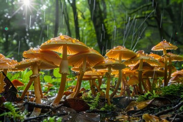 Vibrant Forest Mushrooms with Dew Drops on Caps, Nature Photography for Print and Poster Design
