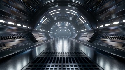 Obraz premium 3D rendering image. Abstract glowing lines. Technology futuristic background. Sci-fi neon lines in a dark tunnel. Reflections on the floor and ceiling.