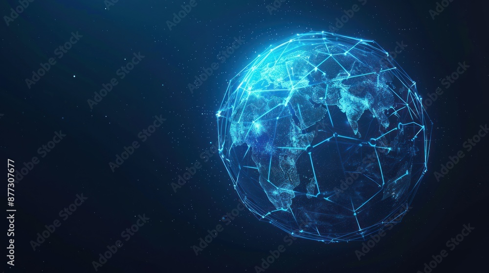 Poster futuristic globe with abstract connected lines and blue neon color isolated on dark background