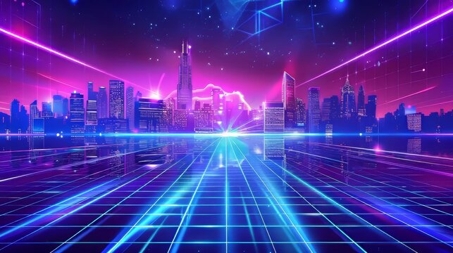 The illustration depicts a retro futuristic skyscraper city in the 1980s style.