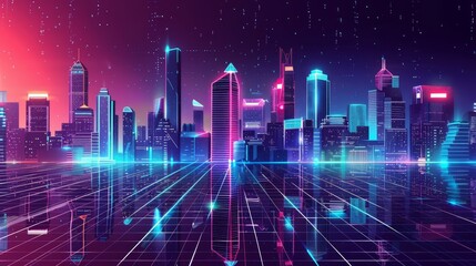 Fototapeta premium 3D illustration of a retro futuristic skyscraper city from the 1980s.