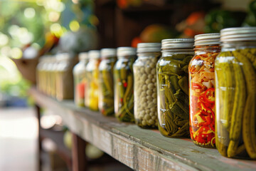 Homemade pickled vegetables in the glass jars, autumn seasonal preserved food concept