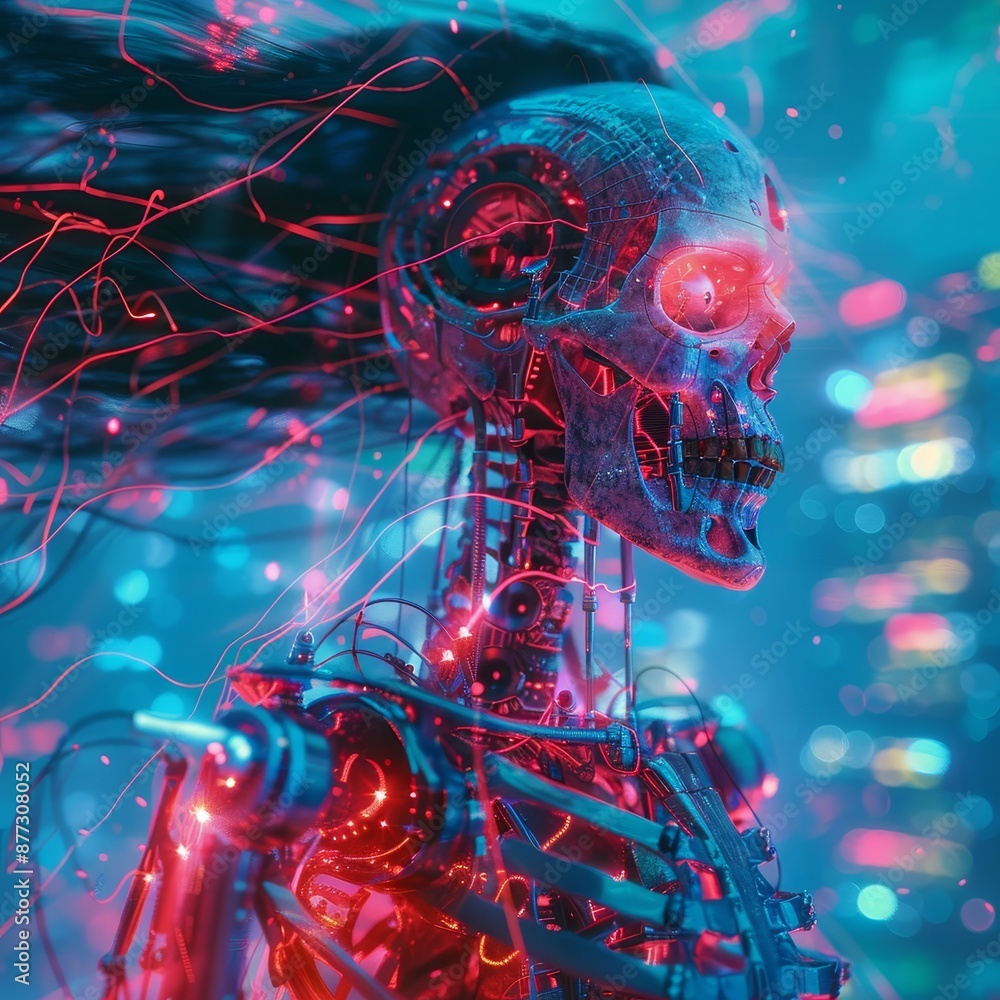 Poster a science fiction skeleton humanoid cyborg in a futuristic computer core based on machine intelligen