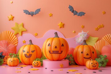Fototapeta premium A Halloween scene with pumpkins and bats