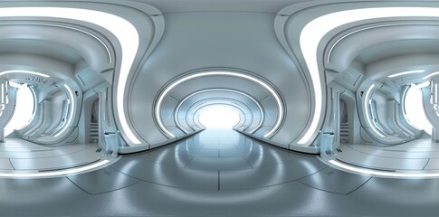 Obraz premium 3D equirectangular illustration with a futuristic spherical environment and four control panels as the background, high contrast interior light source rendering (3D HDRI map)