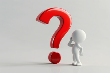 Big red 3D question mark with white character thinking about business strategy success and marketing concept background.