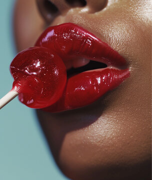 Close up of very large red lips, licking lollipop