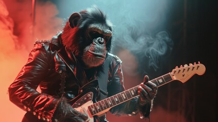 A big shaggy monkey in rock star clothes is performing on stage with an electric guitar in his hands.