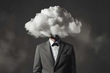 Creative representation of a person with a cloud instead of a head, symbolizing imagination or stress