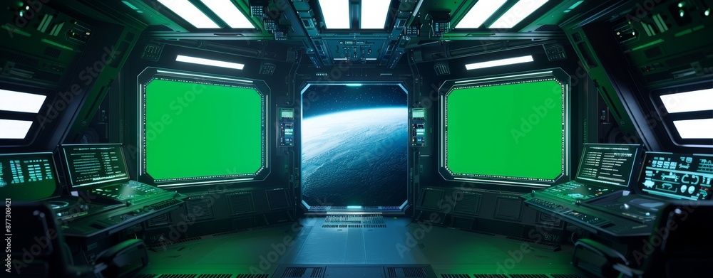 Poster white spaceship interior featuring an isolated window and glowing blue and red control panels. 3d re