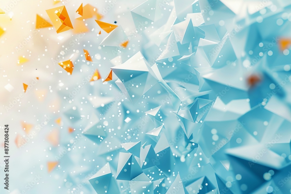 Poster poster design featuring abstract 3d renderings of chaotic low poly shapes in empty space. flying pol