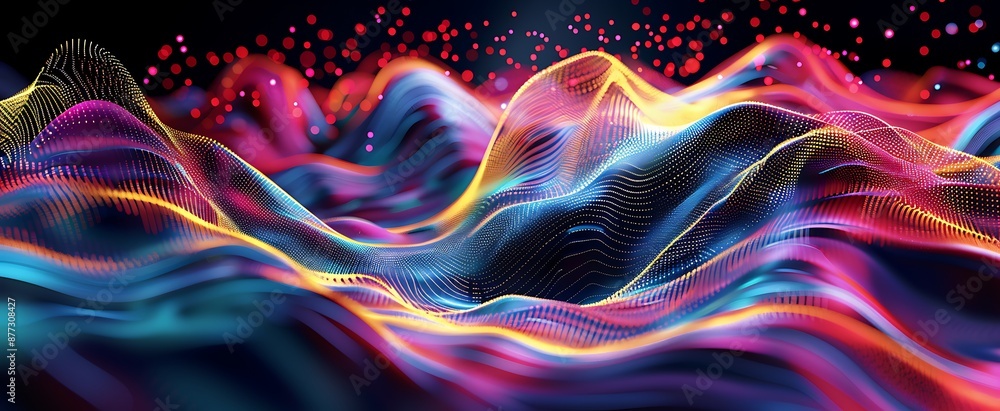 Fototapete vibrant 3d sound waves in abstract colorful motion on dark background - dynamic data visualization a