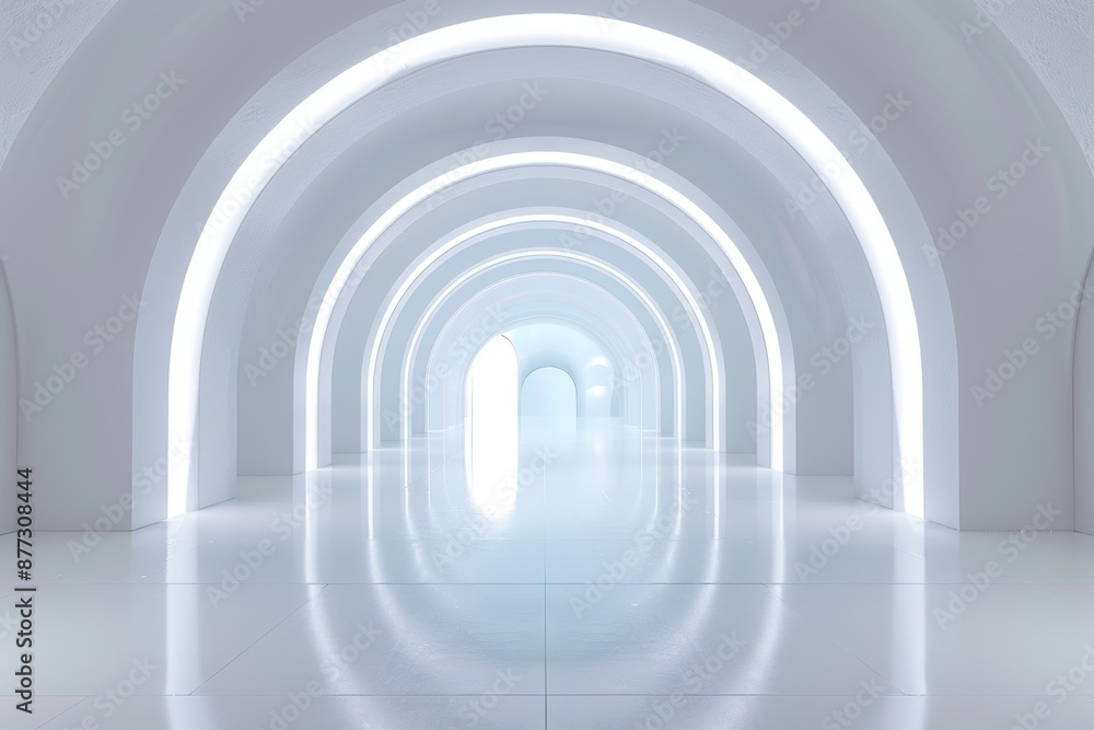 Poster a sci-fi concept of an empty futuristic arch tunnel room illuminated by lights.