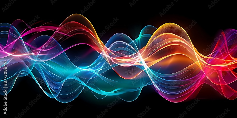 Fototapete vibrant 3d sound waves in abstract colorful motion on dark background - dynamic data visualization a