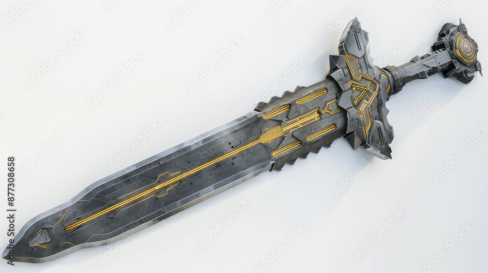Poster this is a 3d rendering of a science fiction arrow with a shield. the top part of the spear is scratc
