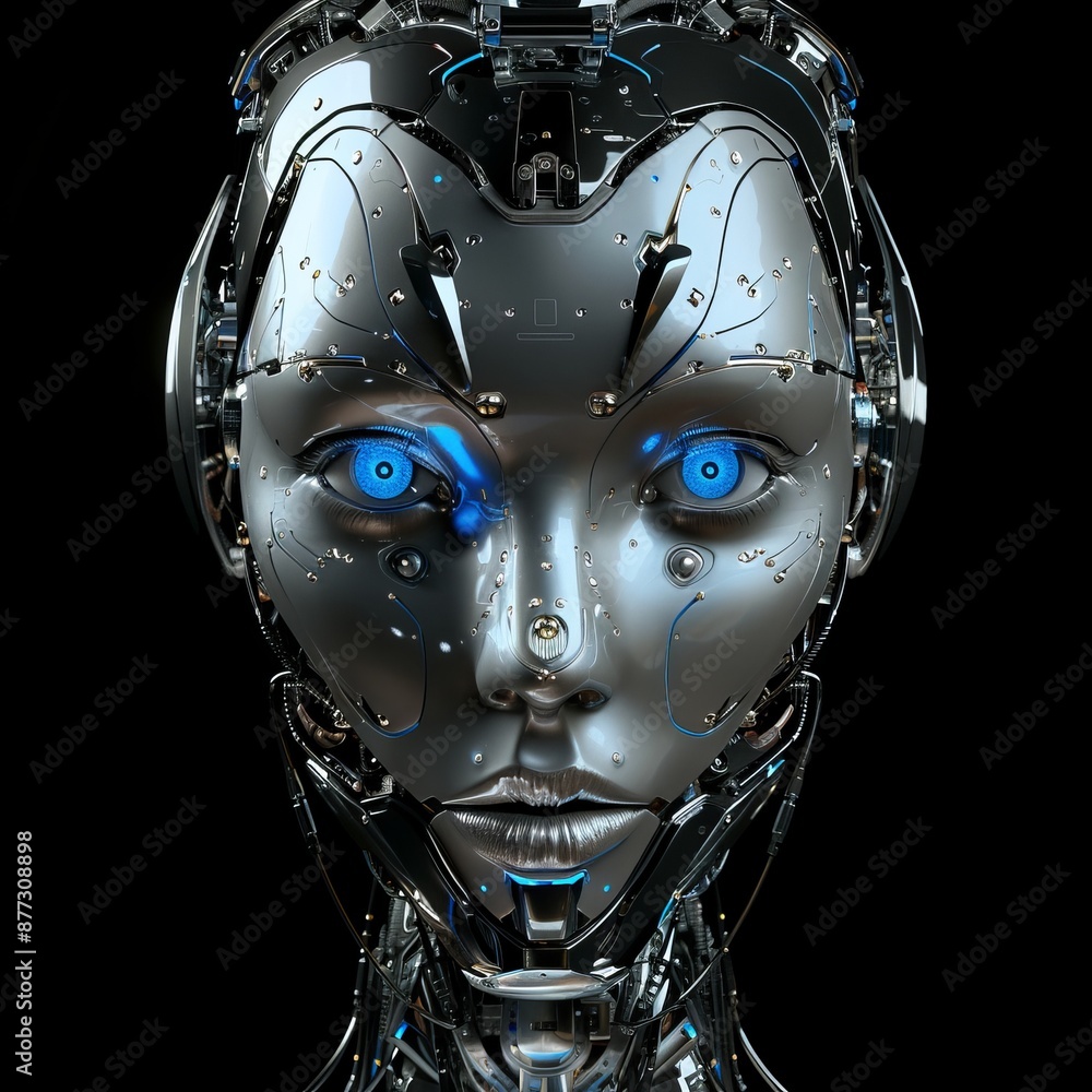 Aufkleber an isolated 3d rendering of a futuristic robot or cyborg face on a black background.
