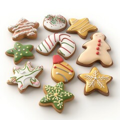 A delightful assortment of holiday-themed sugar cookies decorated with colorful icing, perfect for Christmas celebrations and festive occasions.