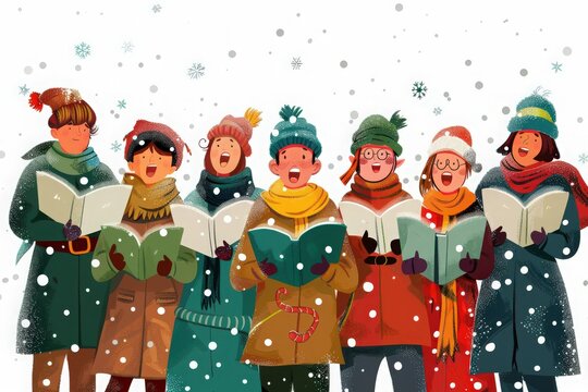 A group of cheerful people singing Christmas carols in the snow, wearing festive winter clothing and holding songbooks.