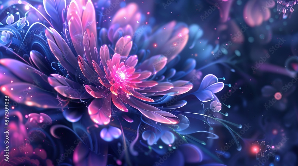 Poster fractal background with large star-shaped space flower with intricate decorative geometric pattern, 